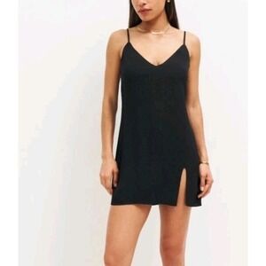 Reformation Black Mini Slip Dress Side Slit Spaghetti Strap Minimalist Chic L